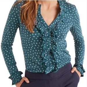 Boden Alberta Jersey V-neck Long Sleeve Ruffle Blouse Top Sz 12R in Dark Teal